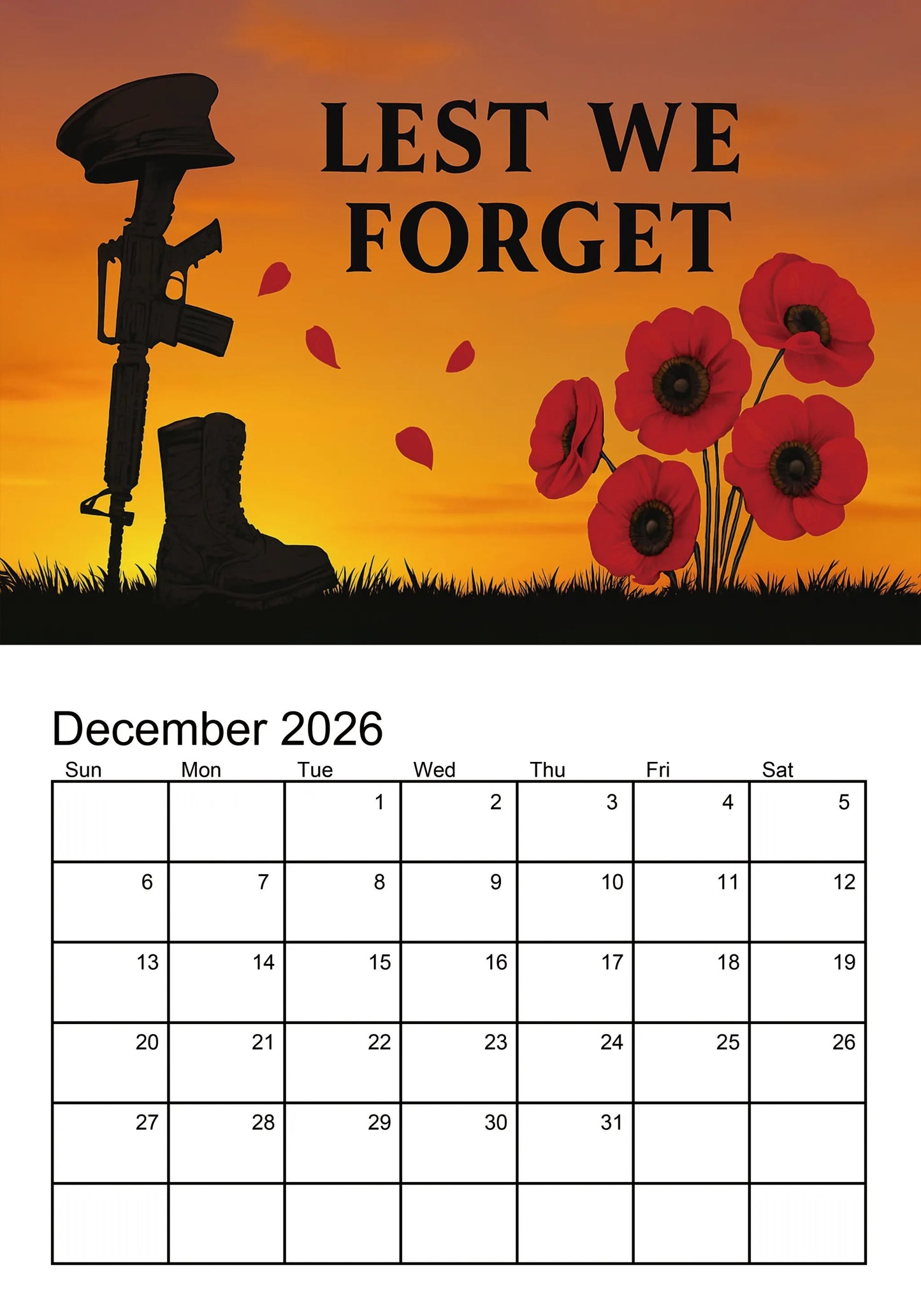 📅 Lest We Forget 2026 Memorial Wall Calendar - A Calendar for Peace and Reflection