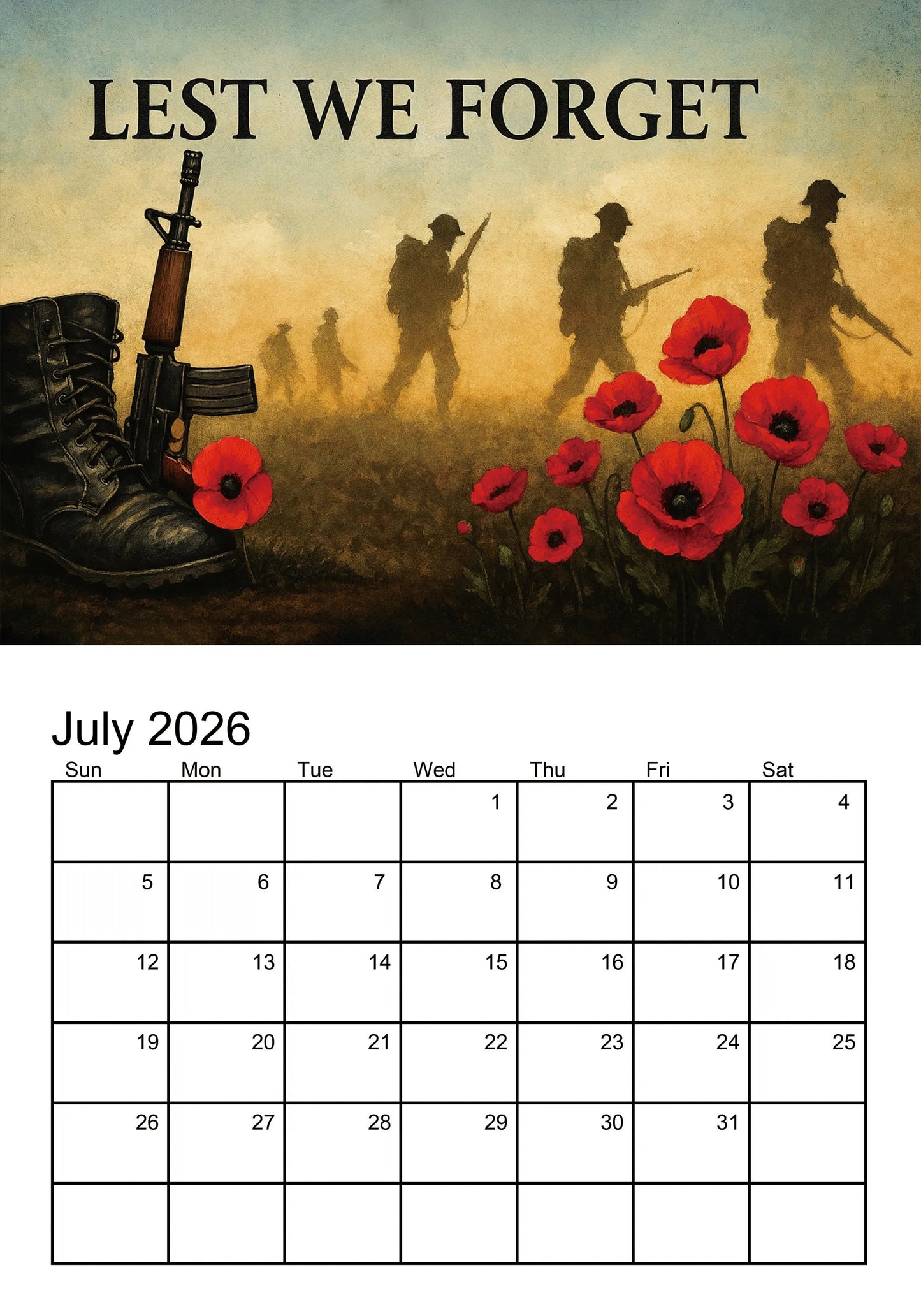 📅 Lest We Forget 2026 Memorial Wall Calendar - A Calendar for Peace and Reflection