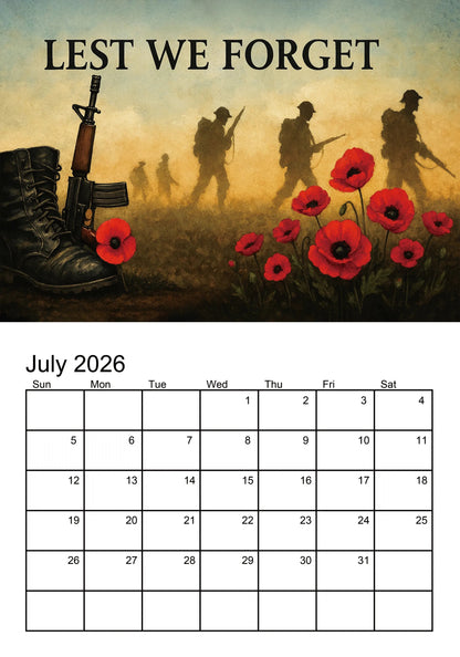 📅 Lest We Forget 2026 Memorial Wall Calendar - A Calendar for Peace and Reflection
