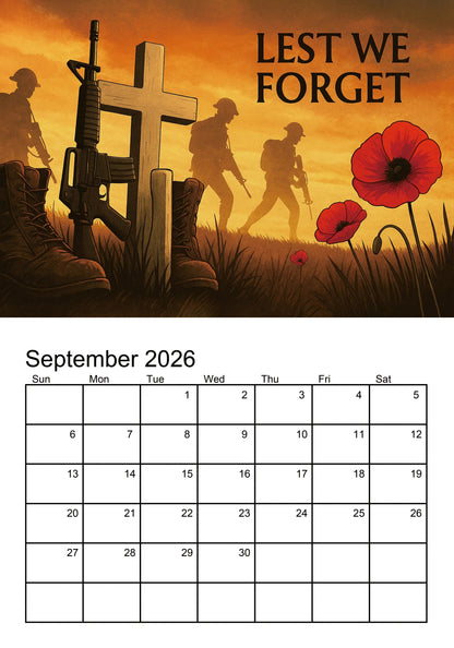 📅 Lest We Forget 2026 Memorial Wall Calendar - A Calendar for Peace and Reflection