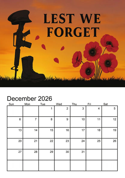 📅 Lest We Forget 2026 Memorial Wall Calendar - A Calendar for Peace and Reflection