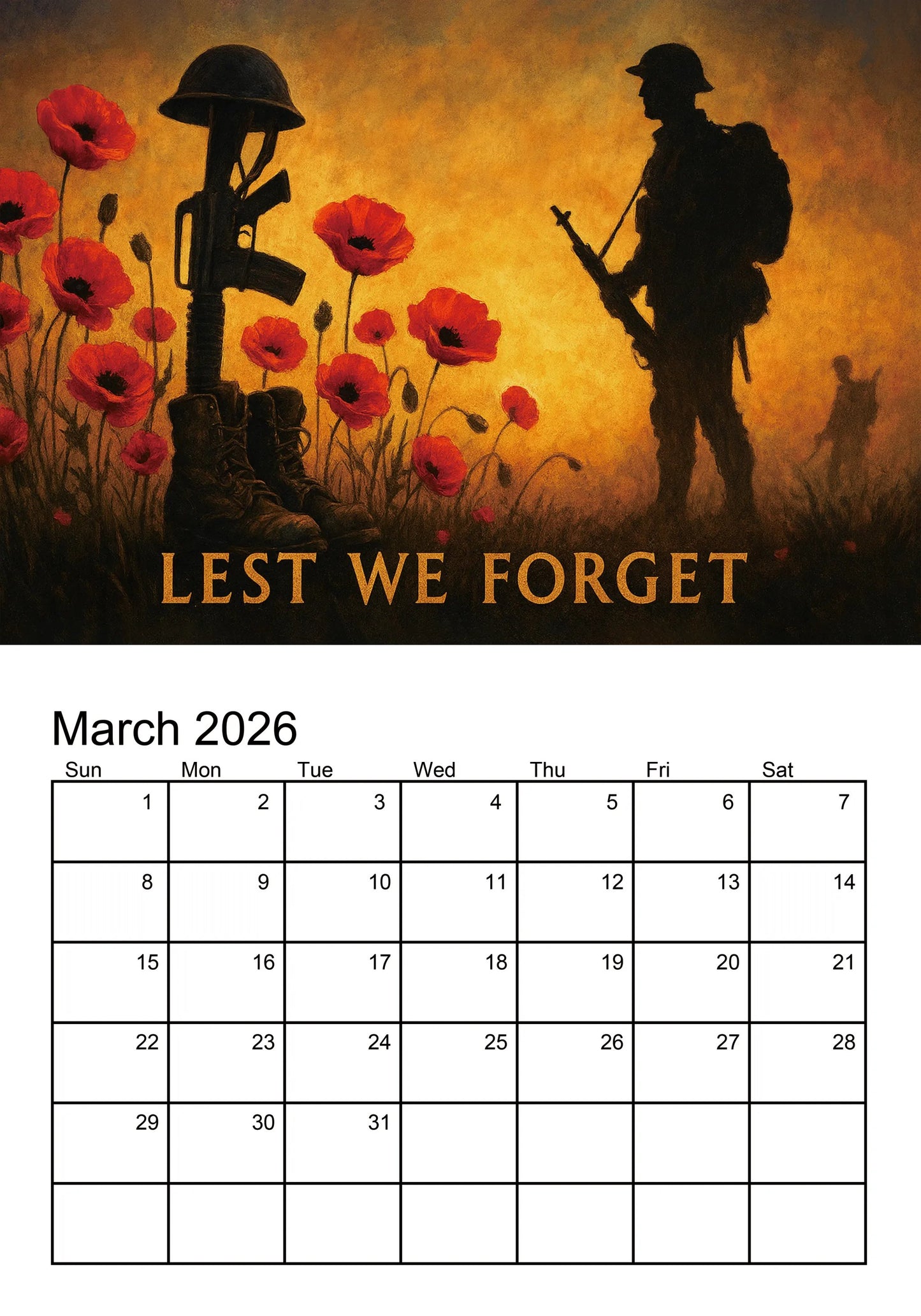 📅 Lest We Forget 2026 Memorial Wall Calendar - A Calendar for Peace and Reflection
